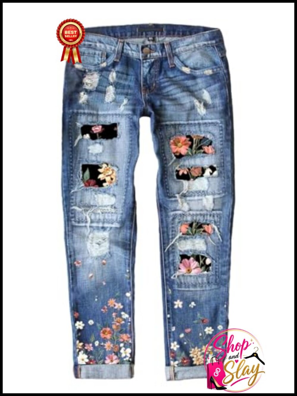 Plaid Patch Ripped Boyfriend Distressed Stretch Skinny Denim Jeans with Hole